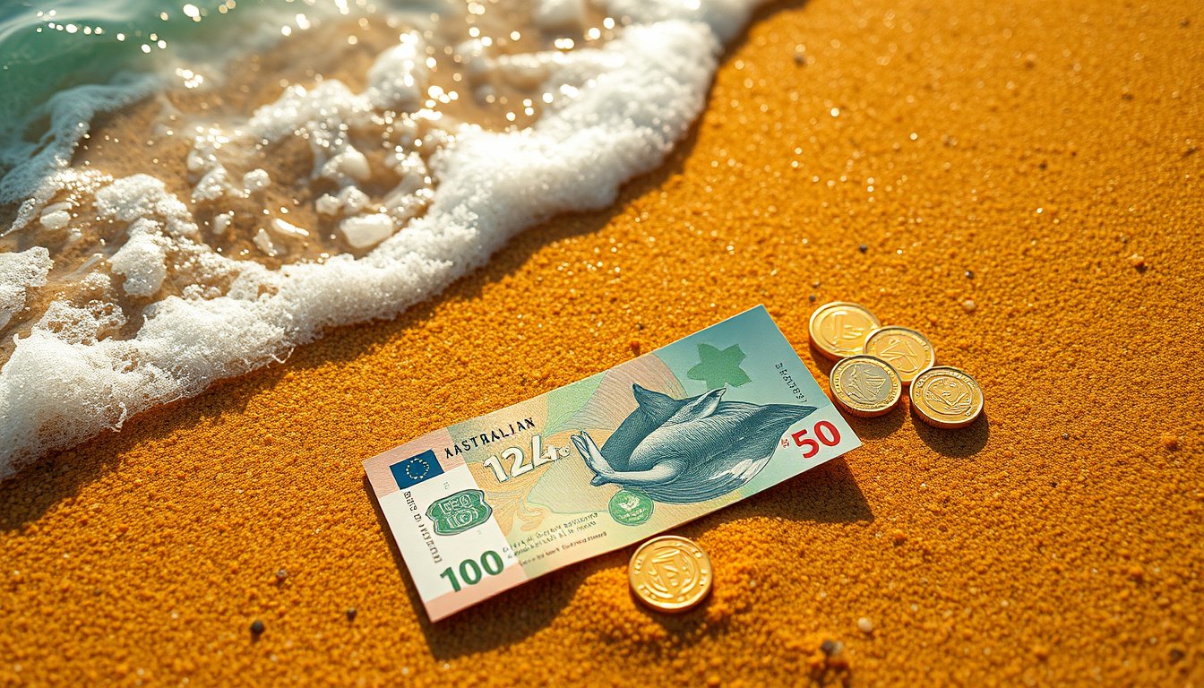 Australian dollar banknotes and gold coins on warm sand near ocean surf — Australian dollar futures, commodity currency