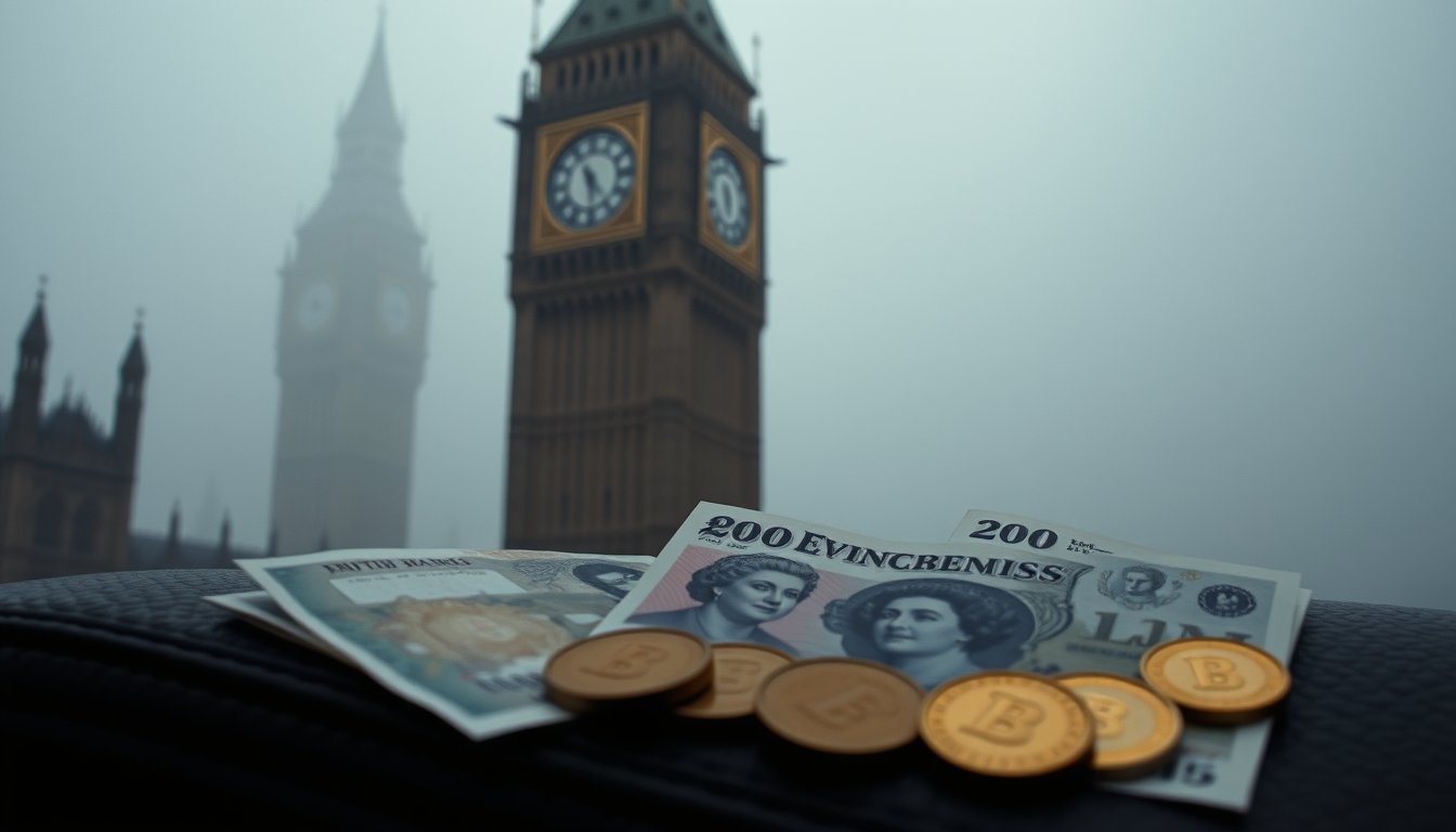 British pound banknotes and coins beside a clock tower silhouette — British pound futures, currency trading