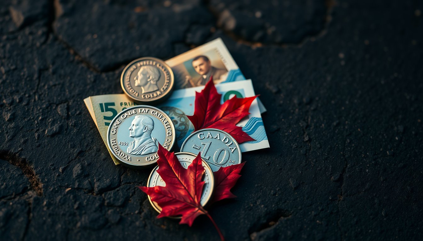 Canadian dollar coins and banknotes with a red maple leaf motif on dark stone — Canadian dollar futures, oil-linked currency
