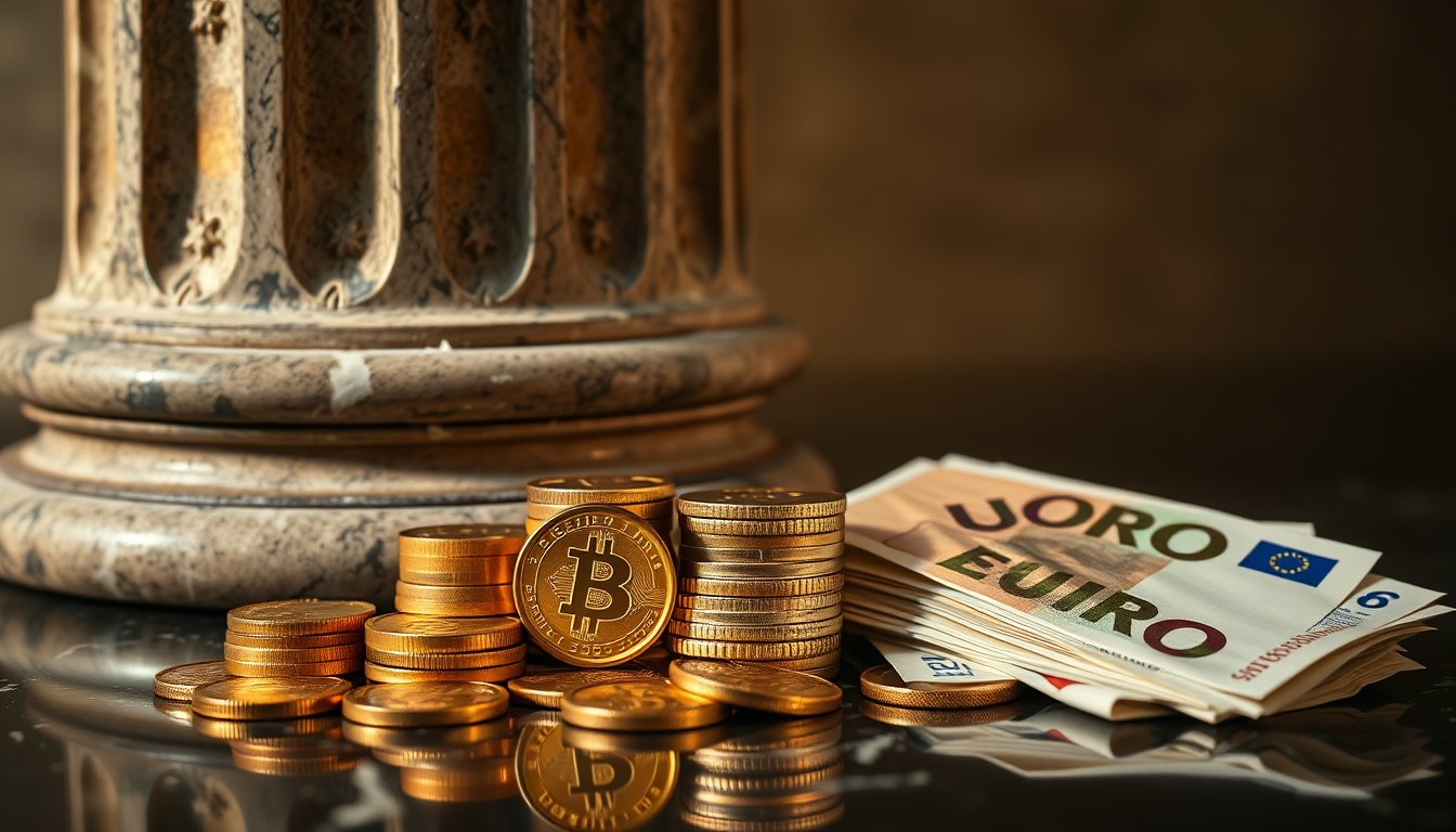Euro coins and banknotes arranged beside an ancient stone column — euro FX futures, currency trading