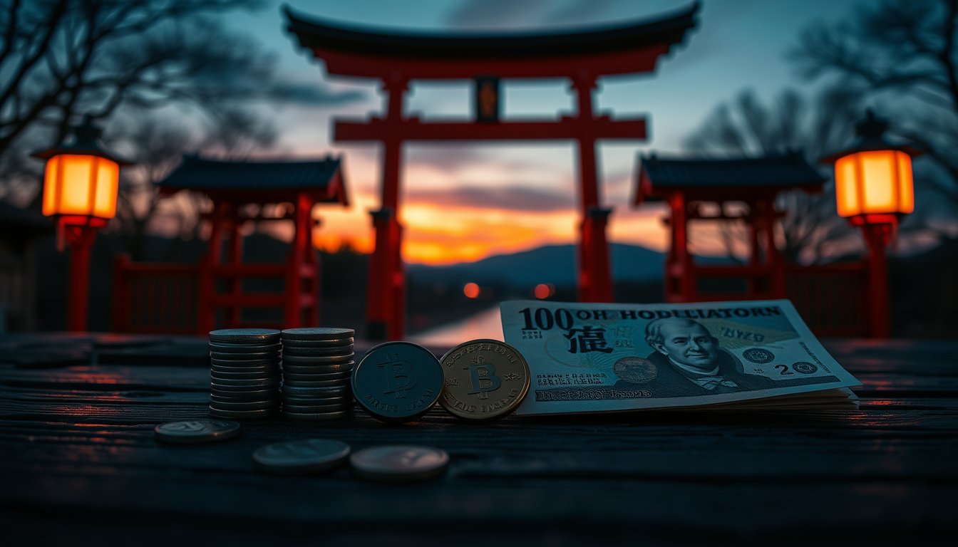 Japanese yen coins and banknotes before a red torii gate at twilight — Japanese yen futures, currency trading