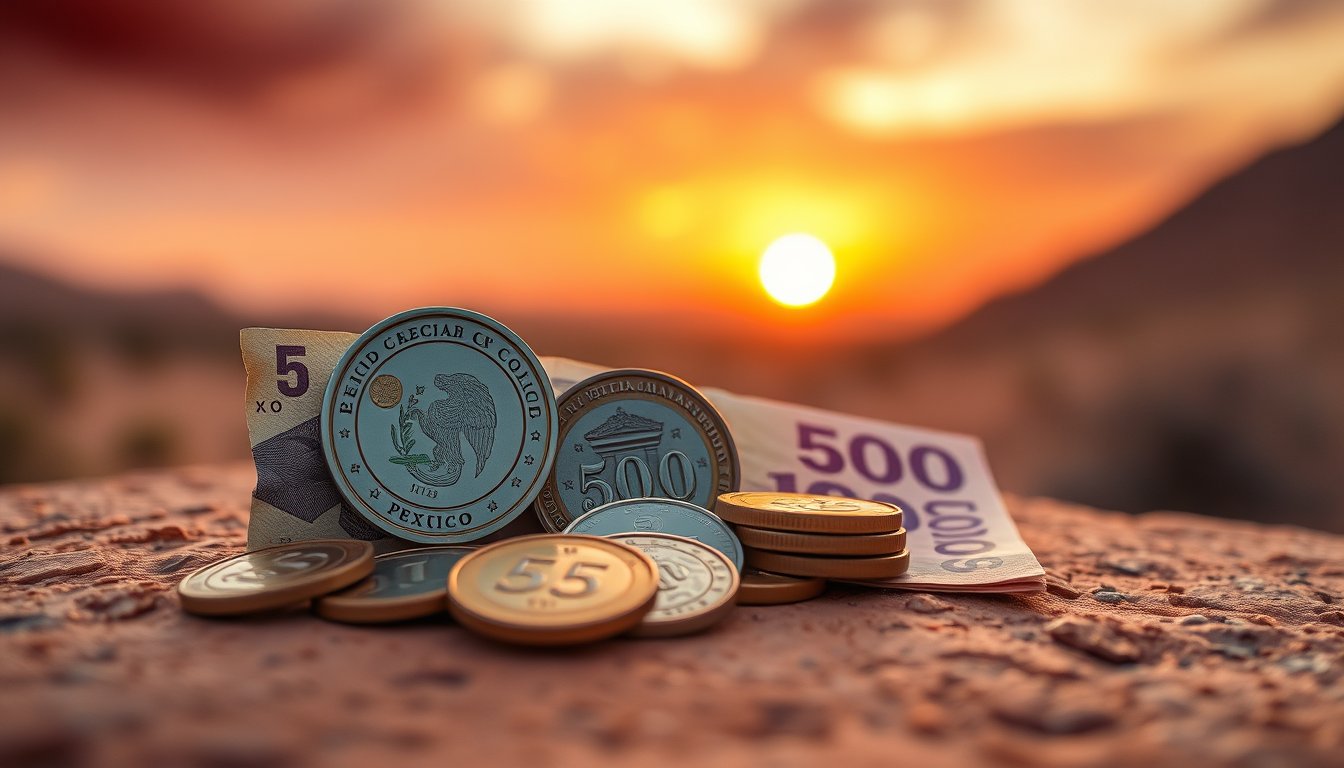 Mexican peso coins and banknotes on warm terracotta stone with a soft desert sunset behind — Mexican peso futures, EM currency