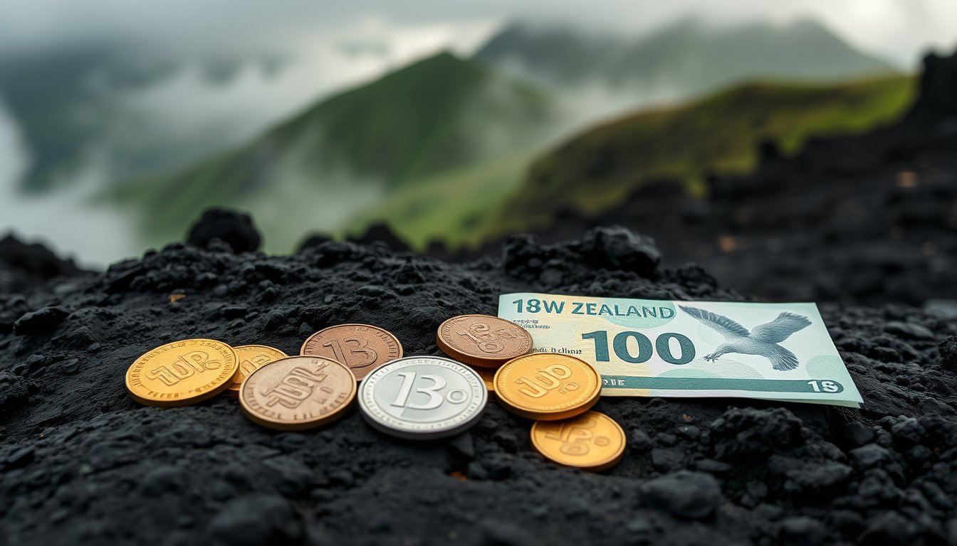 New Zealand dollar coins and banknotes on dark volcanic rock with misty green hills behind — New Zealand dollar futures, commodity currency