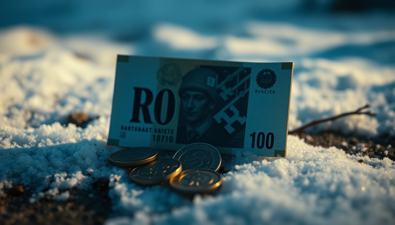 Ruble banknotes and coins on dark snow-dusted ground under a cold northern light — Russian ruble futures, geopolitically driven currency