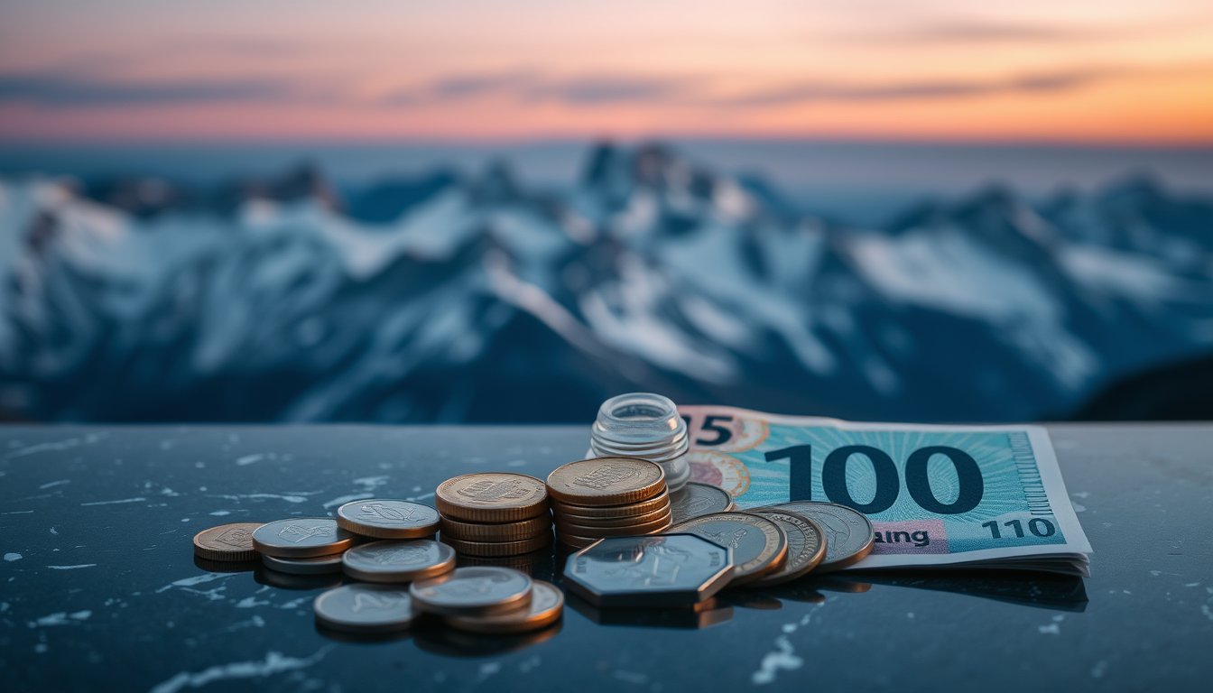 Swiss franc coins and banknotes on dark marble beside alpine peaks at twilight — Swiss franc futures, safe-haven currency