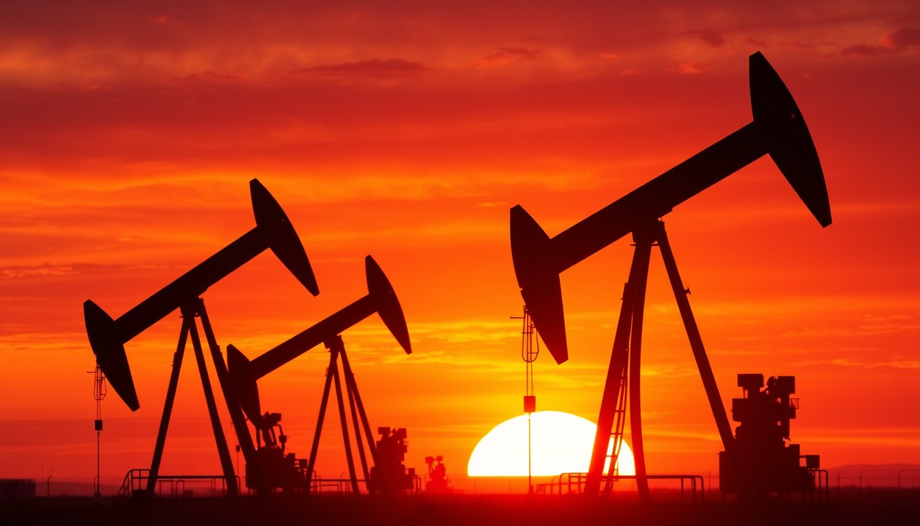Oil pumpjacks working against a fiery sunset sky — crude oil WTI futures, energy commodity trading