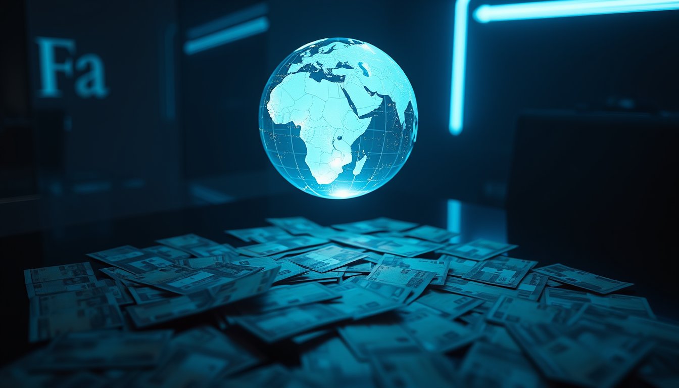 Glowing globe with dollar sign light patterns and international banknote silhouettes — US dollar index futures, global reserve currency