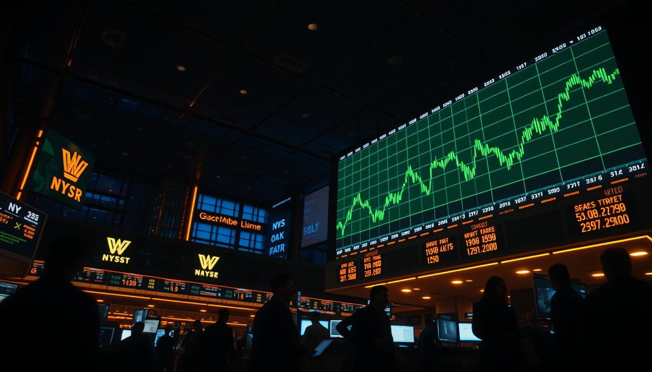 Dramatic view of a Wall Street trading floor at dusk with a glowing electronic index board — E-mini S&P 500 futures, benchmark large-cap index trading