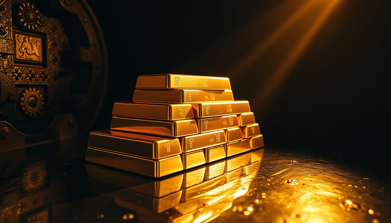 Stacked gold bars glowing under warm vault light — gold futures, safe-haven metal trading