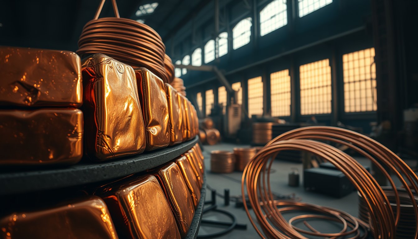 Copper ingots and coils of wire in an industrial warehouse — copper futures, industrial metal trading
