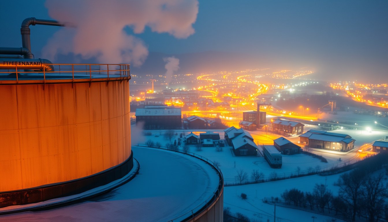 A steaming heating-oil storage tank and industrial pipes with a snow-dusted town behind at blue hour — heating oil futures