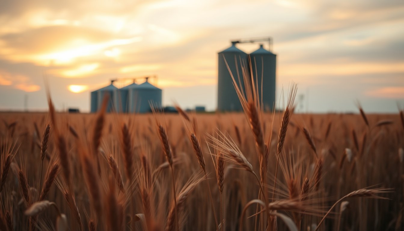 Reddish-tinged hard red winter wheat stalks in a Kansas plains field at golden hour with grain silos on the horizon — KC wheat futures