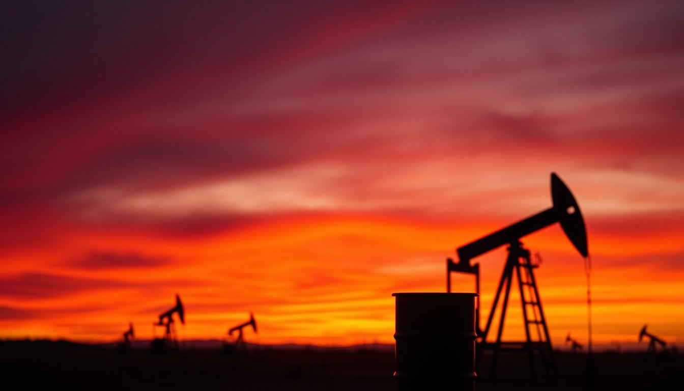 A small oil drum in the foreground with oil pumpjacks silhouetted against a fiery sunset — micro crude oil futures