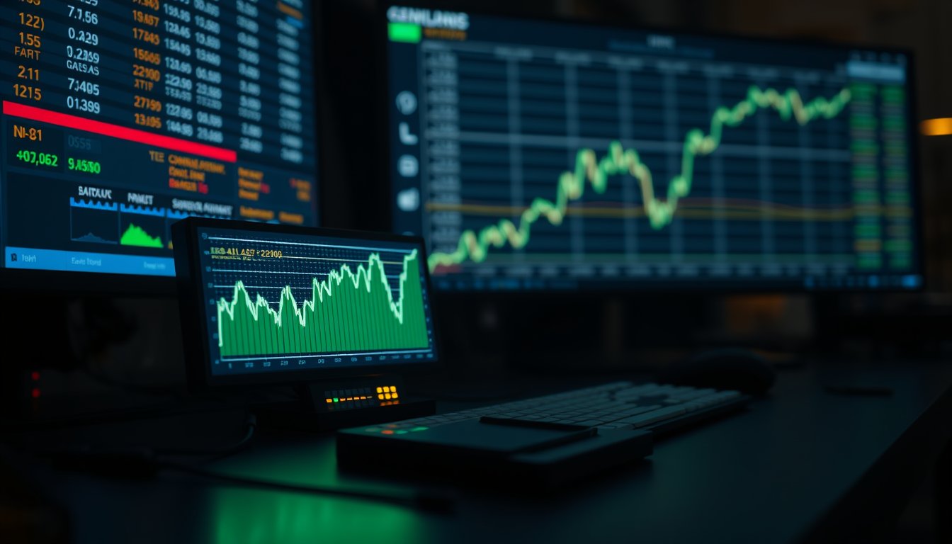 A miniature glowing index board on a trader's desk beside a full-size exchange screen — micro E-mini S&P 500 futures, the benchmark at one-tenth size