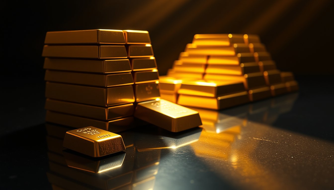 A single small gold bar on a dark reflective surface beside a full-size stack of gold bars — micro gold futures