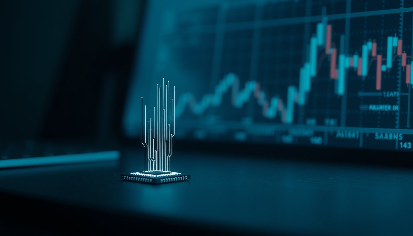 A small glowing chip with circuit traces rising like a stock chart on a dark desk beside a larger display — micro E-mini Nasdaq-100 futures