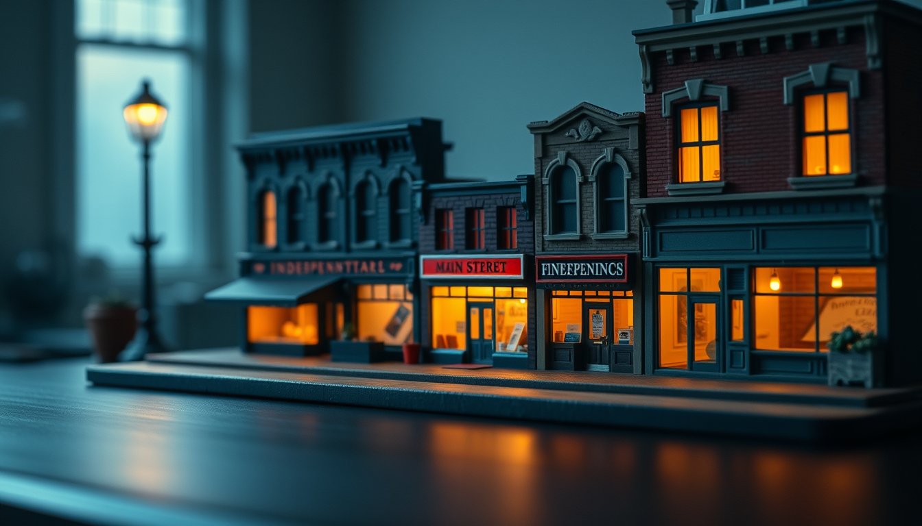 A small model main street with tiny independent storefronts at dawn on a dark desk — micro E-mini Russell 2000 futures, small-caps at micro size