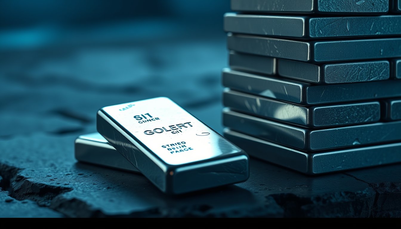 A few polished silver bars on dark slate beside a tall stack of silver bars — micro silver futures