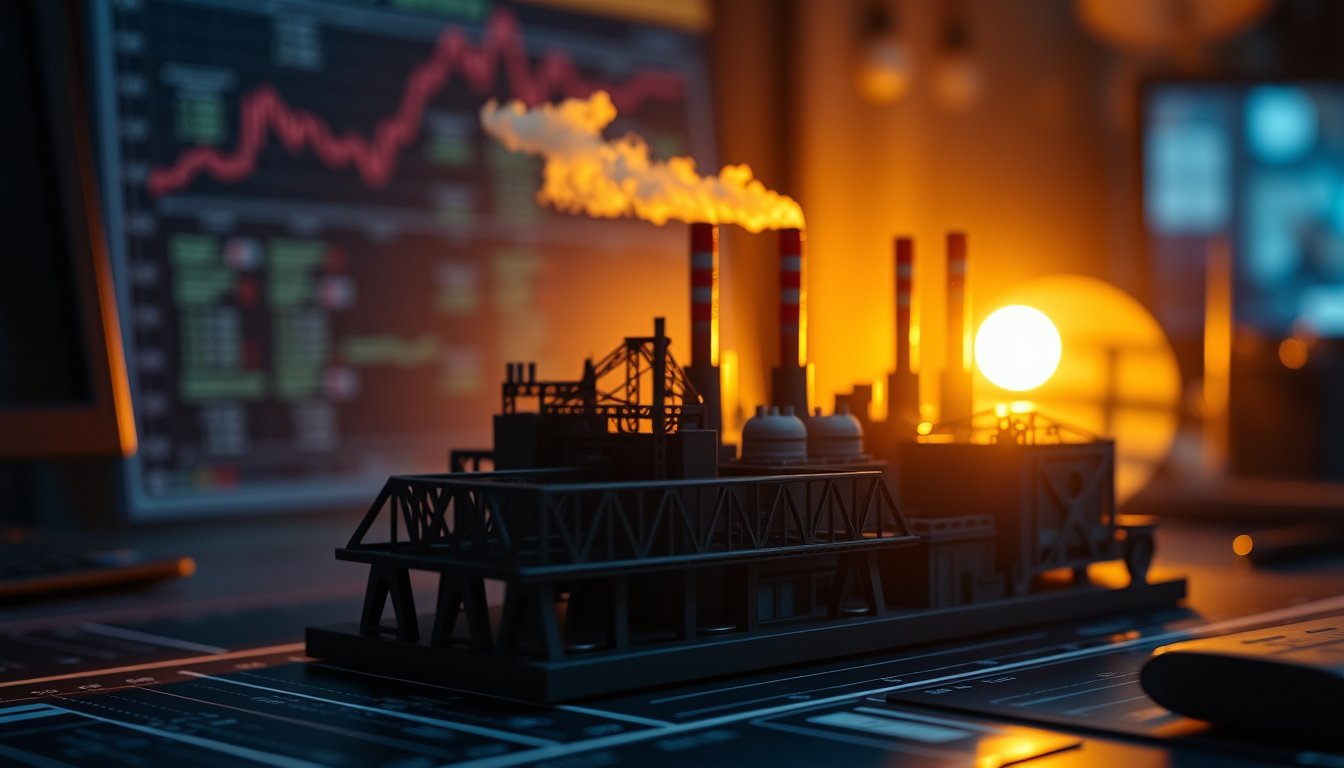 A miniature industrial city skyline model with a steel bridge and smokestacks on a trader's desk — micro E-mini Dow futures