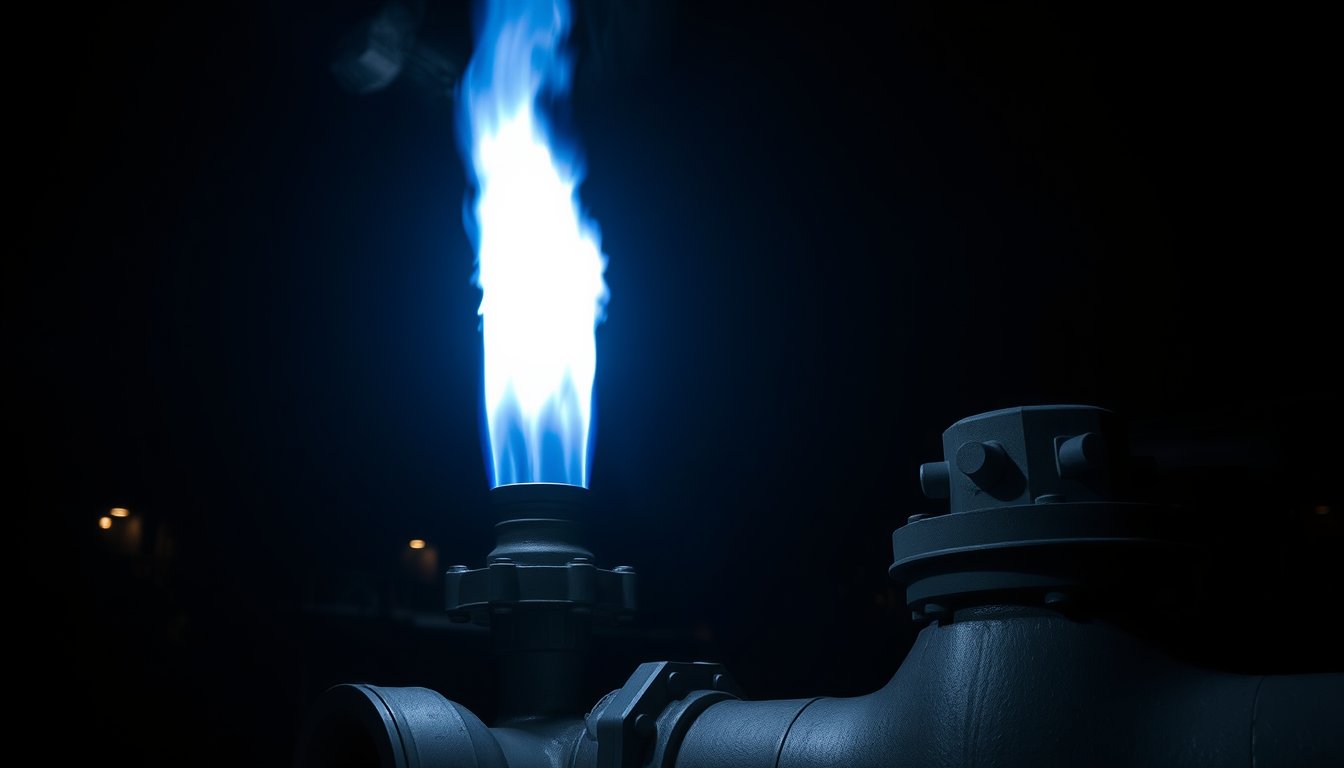 Bright blue gas flame rising from a steel pipeline valve at night — natural gas futures, Henry Hub energy trading