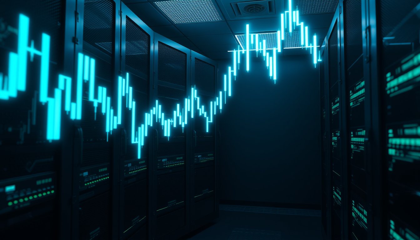 Glowing semiconductor circuit traces morphing into a rising stock chart at night — E-mini Nasdaq-100 futures, technology-weighted index