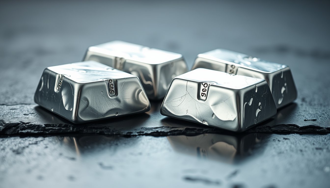 Bright mirror-like palladium ingots on dark slate with sharp cool reflections — palladium futures, scarcest major metal