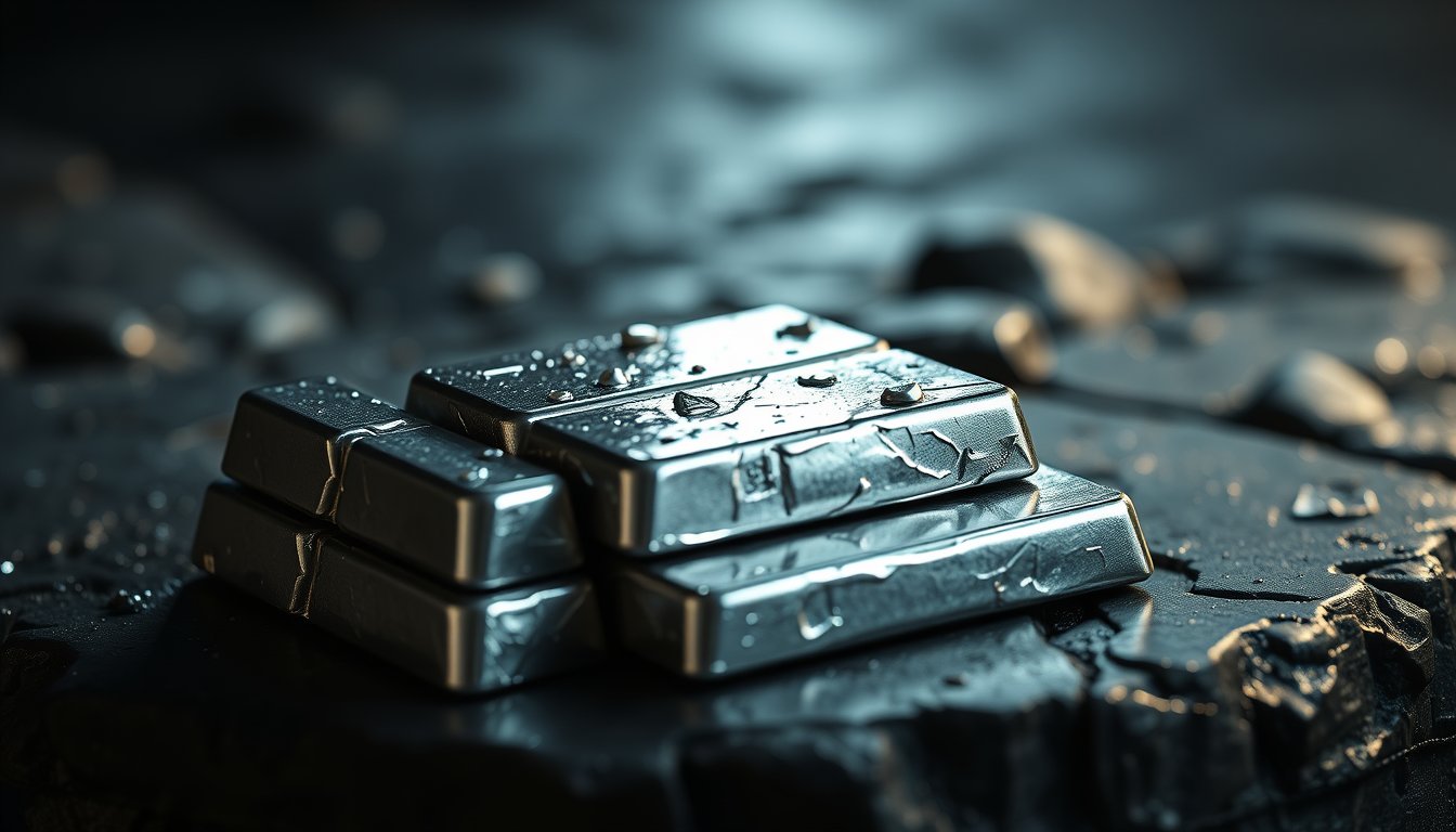 Lustrous platinum ingots on dark stone with a faint silver-white glow — platinum futures, industrial precious metal