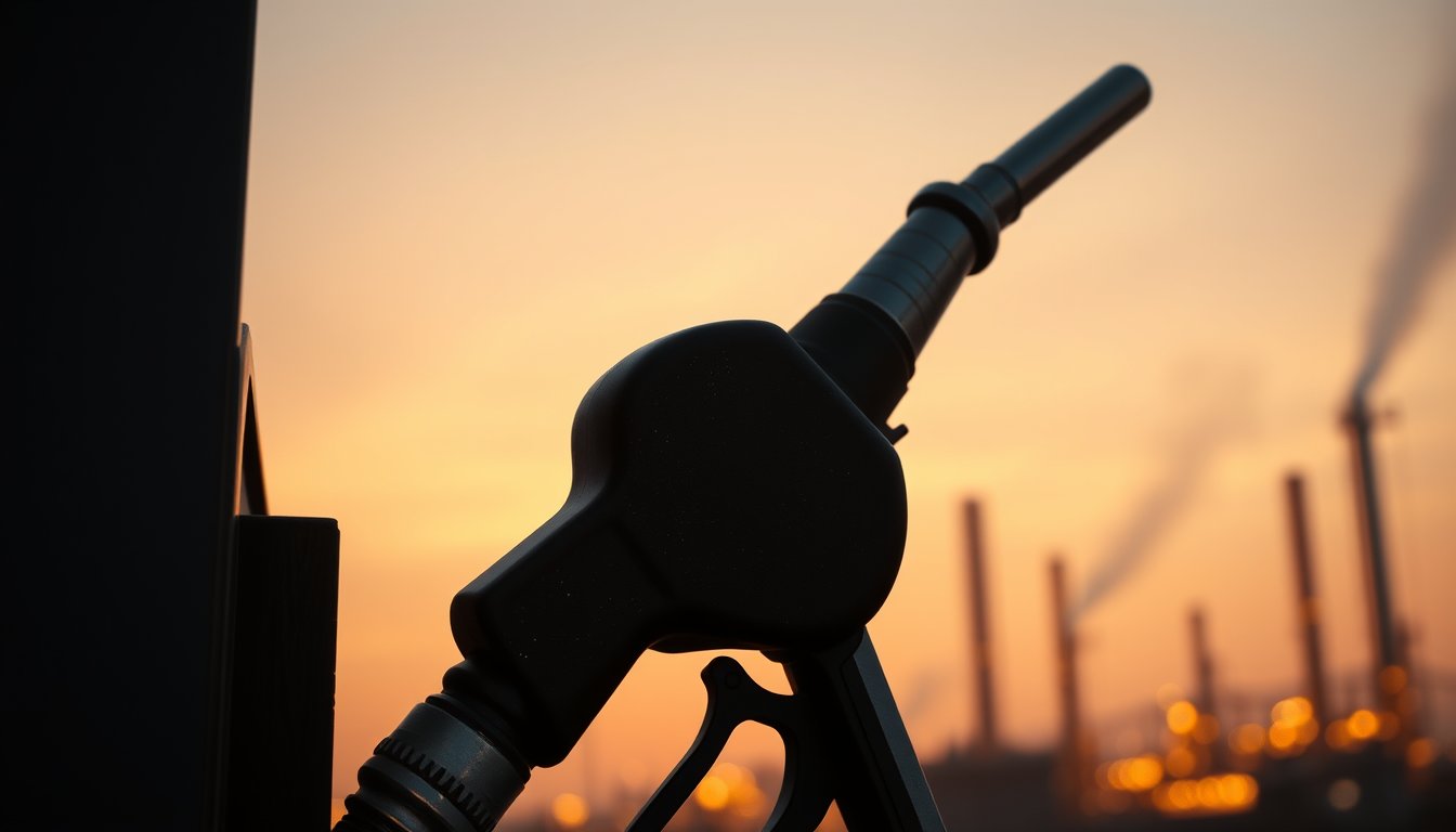 A fuel pump nozzle with a shimmering gasoline sheen and refinery towers in the hazy dusk background — RBOB gasoline futures