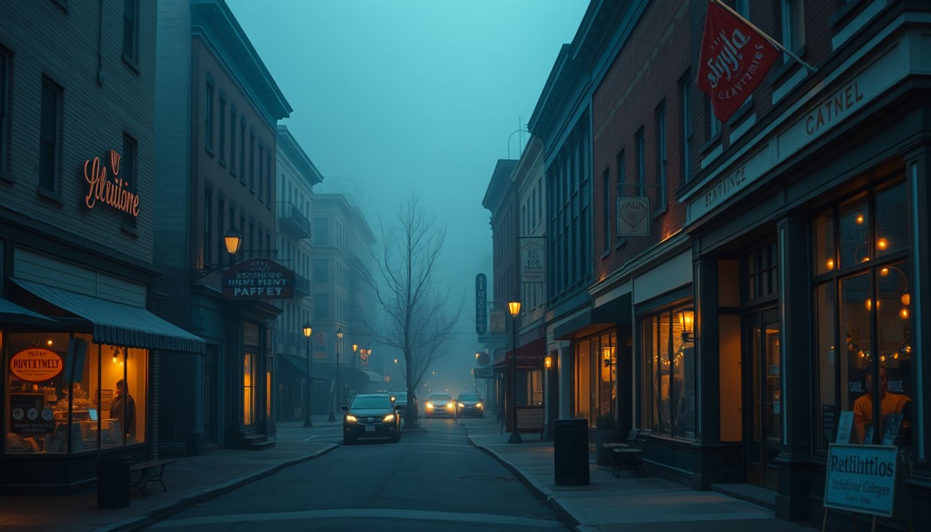 Rows of small independent storefronts on a lively main street at dawn — E-mini Russell 2000 futures, small-cap index