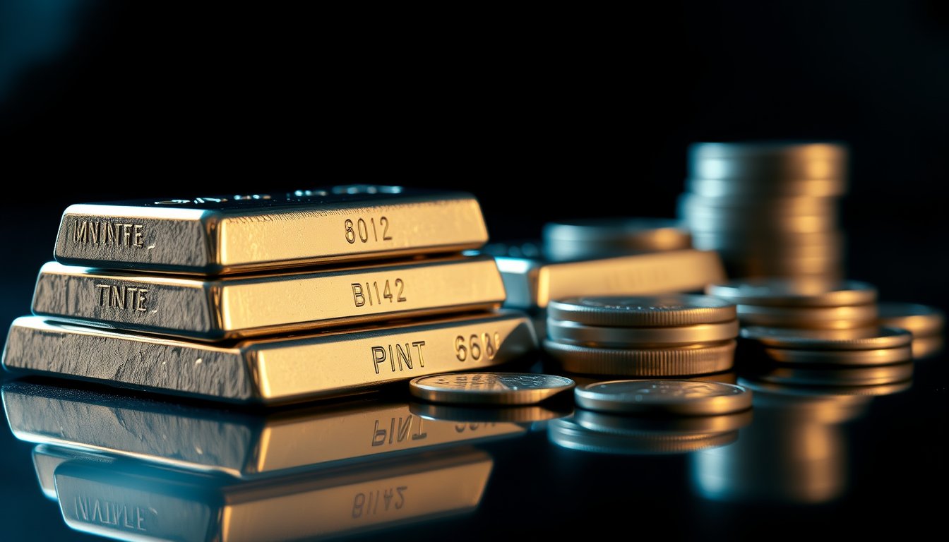 Silver bars and coins spilling across a dark reflective surface — silver futures, precious metals trading
