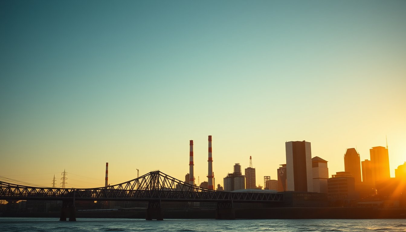 Industrial city skyline with a steel bridge and factory smokestacks at golden hour — E-mini Dow futures, blue-chip industrial index