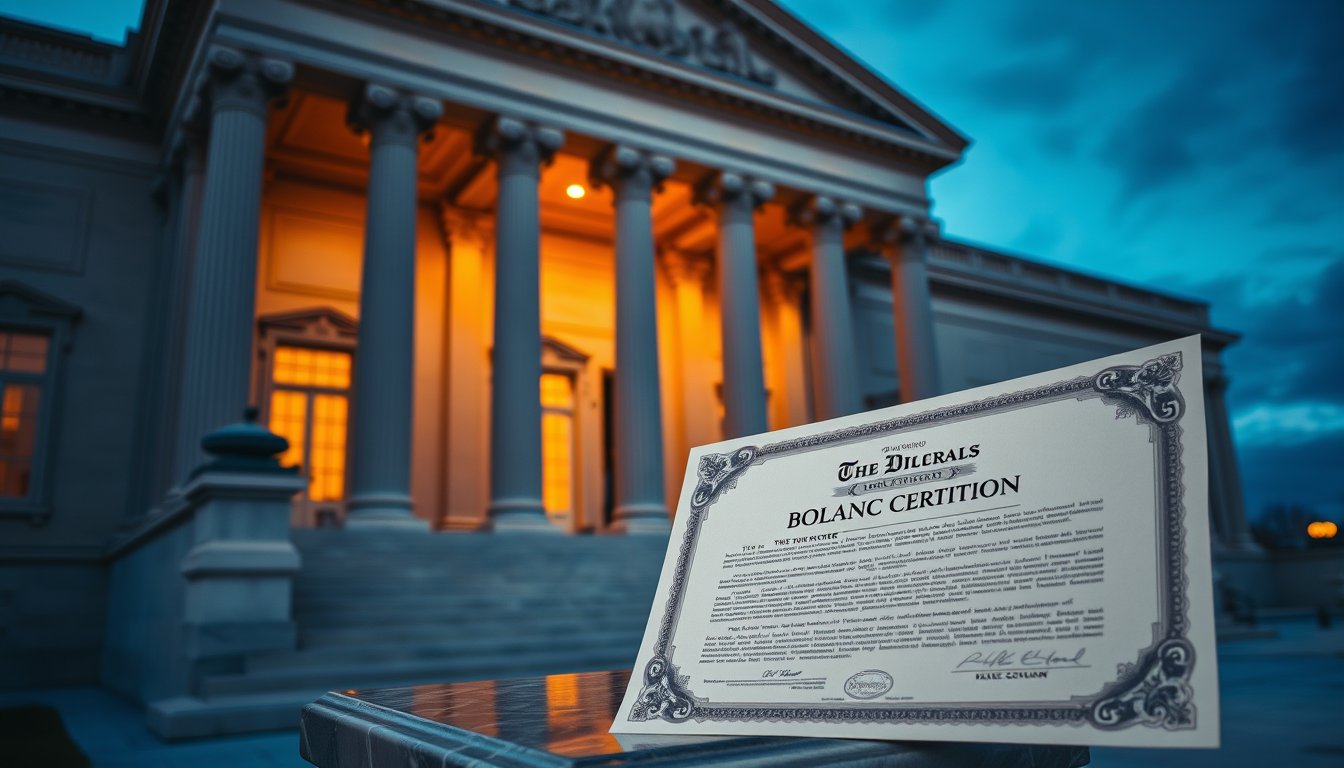 Classical government building facade at dusk with a bond certificate in the foreground — 30-year treasury bond futures, long-duration rates