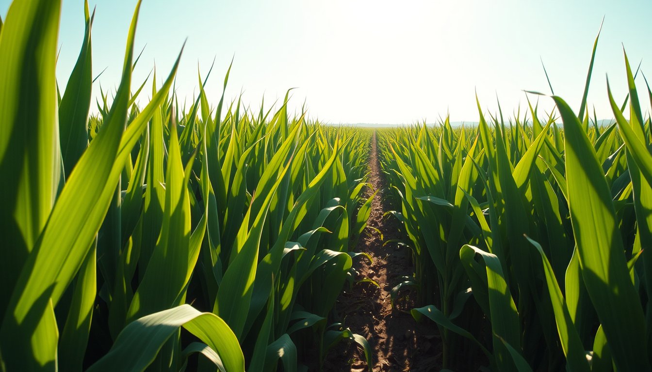 Tall corn stalks in neat rows stretching to a bright horizon — corn futures, grain commodity trading