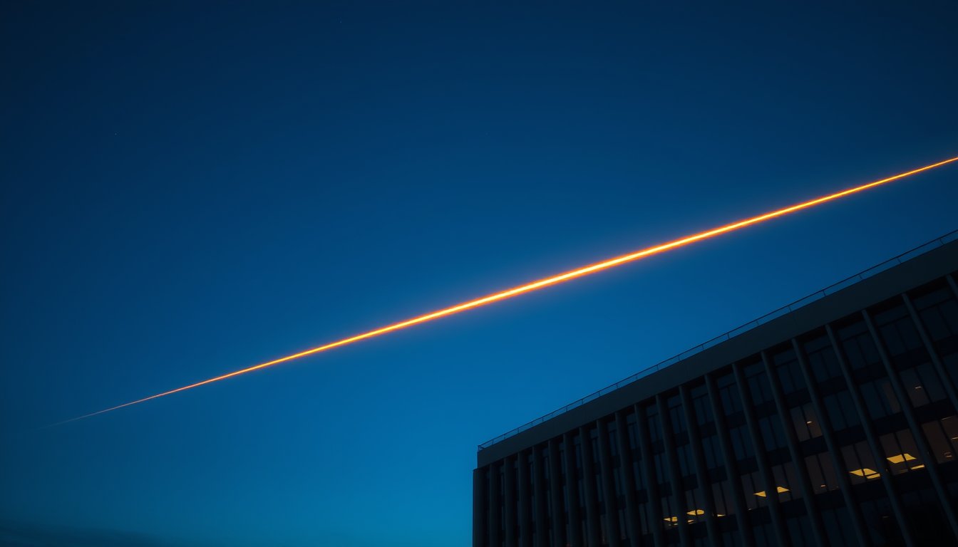 A modern government office building at dusk with an amber light-trail chart line rising across the sky — 5-year treasury note futures