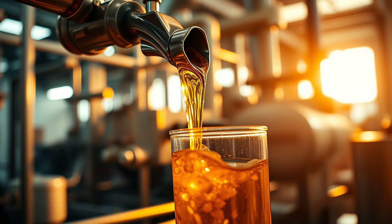 Golden soybean oil pouring from a steel spout into a glass container in a warm processing plant — soybean oil futures