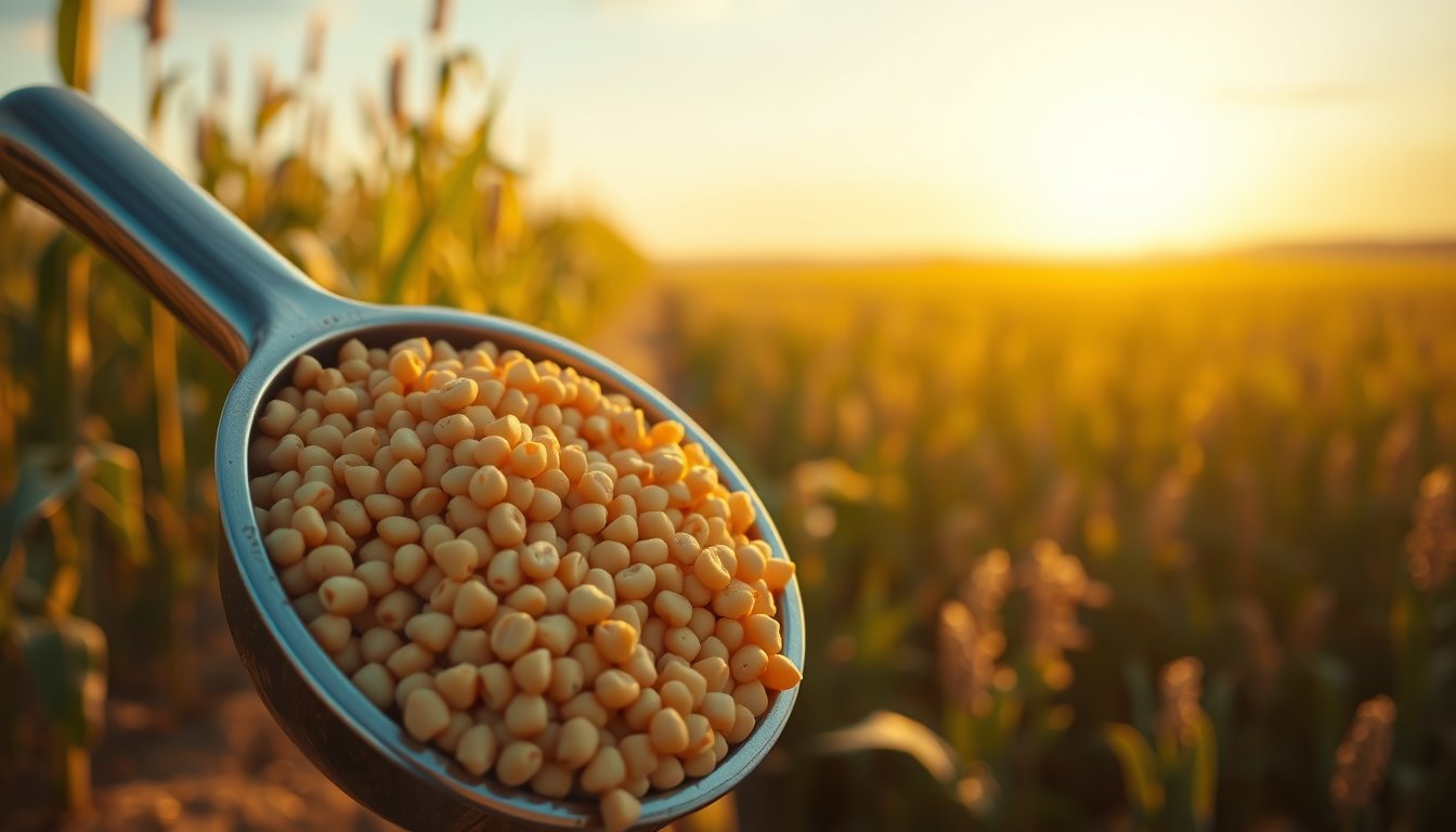 Soybean meal pellets in a steel scoop beside a sunlit soybean field at golden hour — soybean meal futures