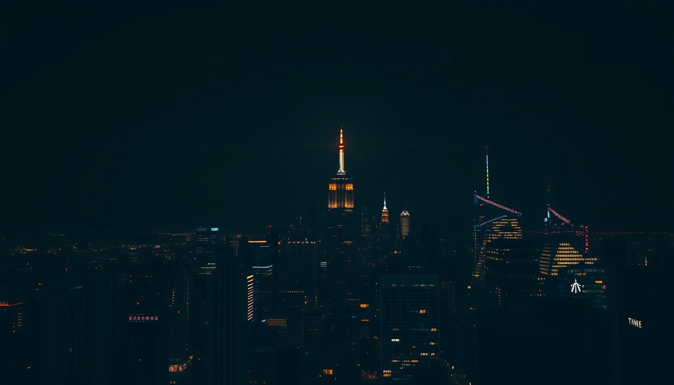 Rising bond yield chart rendered as glowing amber line over a dark financial district at night — 10-year treasury note futures, rate benchmark