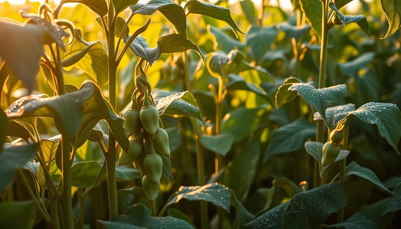 Soybean plants heavy with pods in a sunlit field at harvest — soybean futures, grain commodity trading