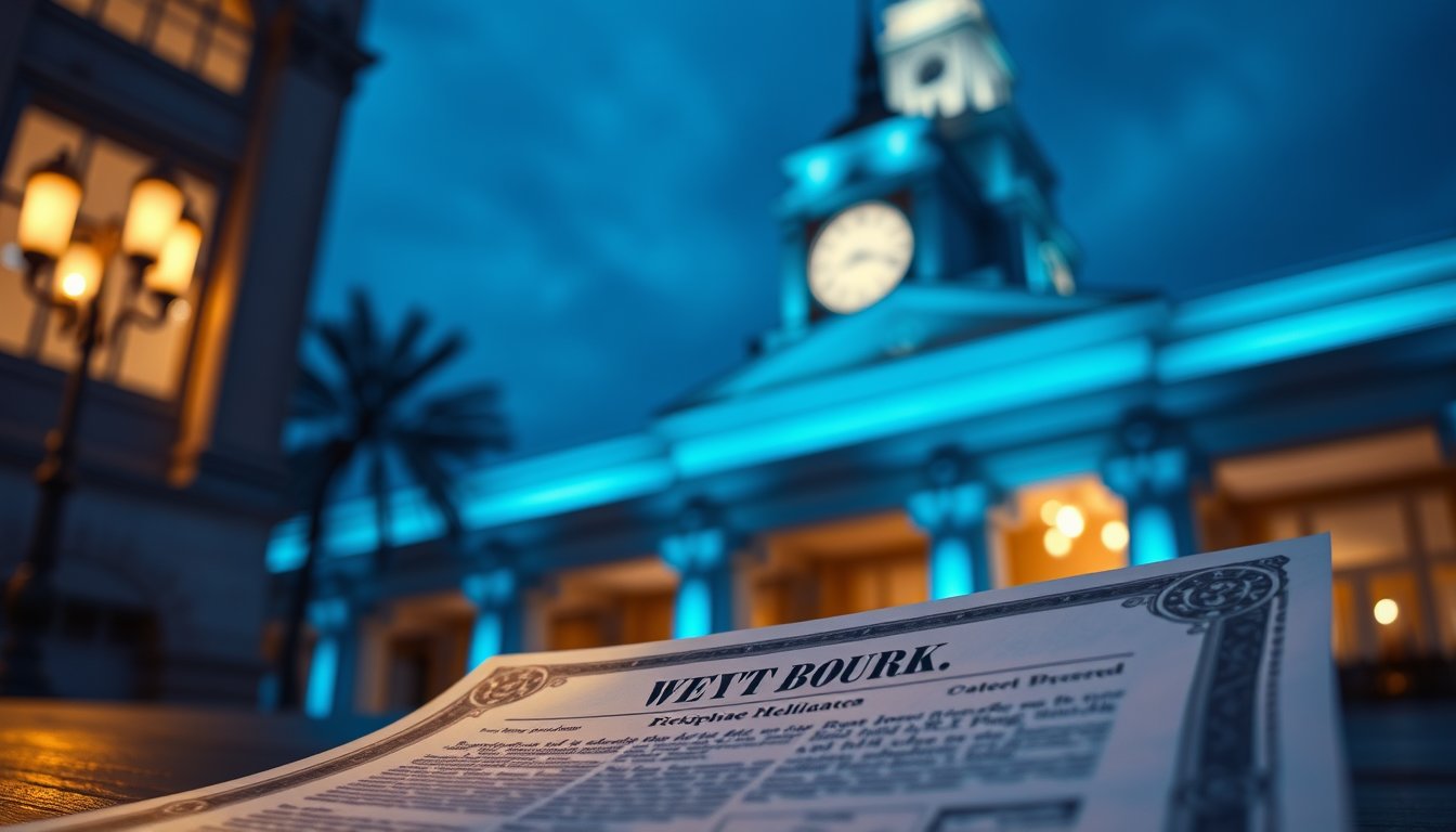A bank clock tower at blue hour with a small bond certificate in the foreground — 2-year treasury note futures, most rate-sensitive contract