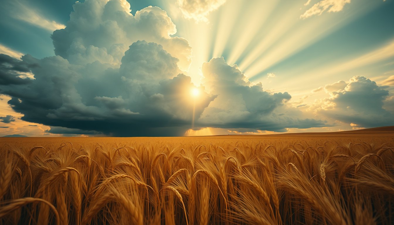 Golden wheat field under a dramatic late-afternoon storm sky — wheat futures, grain commodity trading